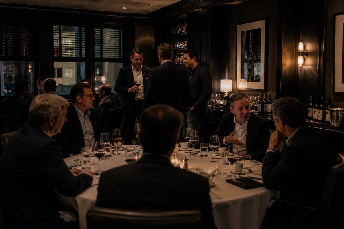 Investors and executives in conversation over a private dinner